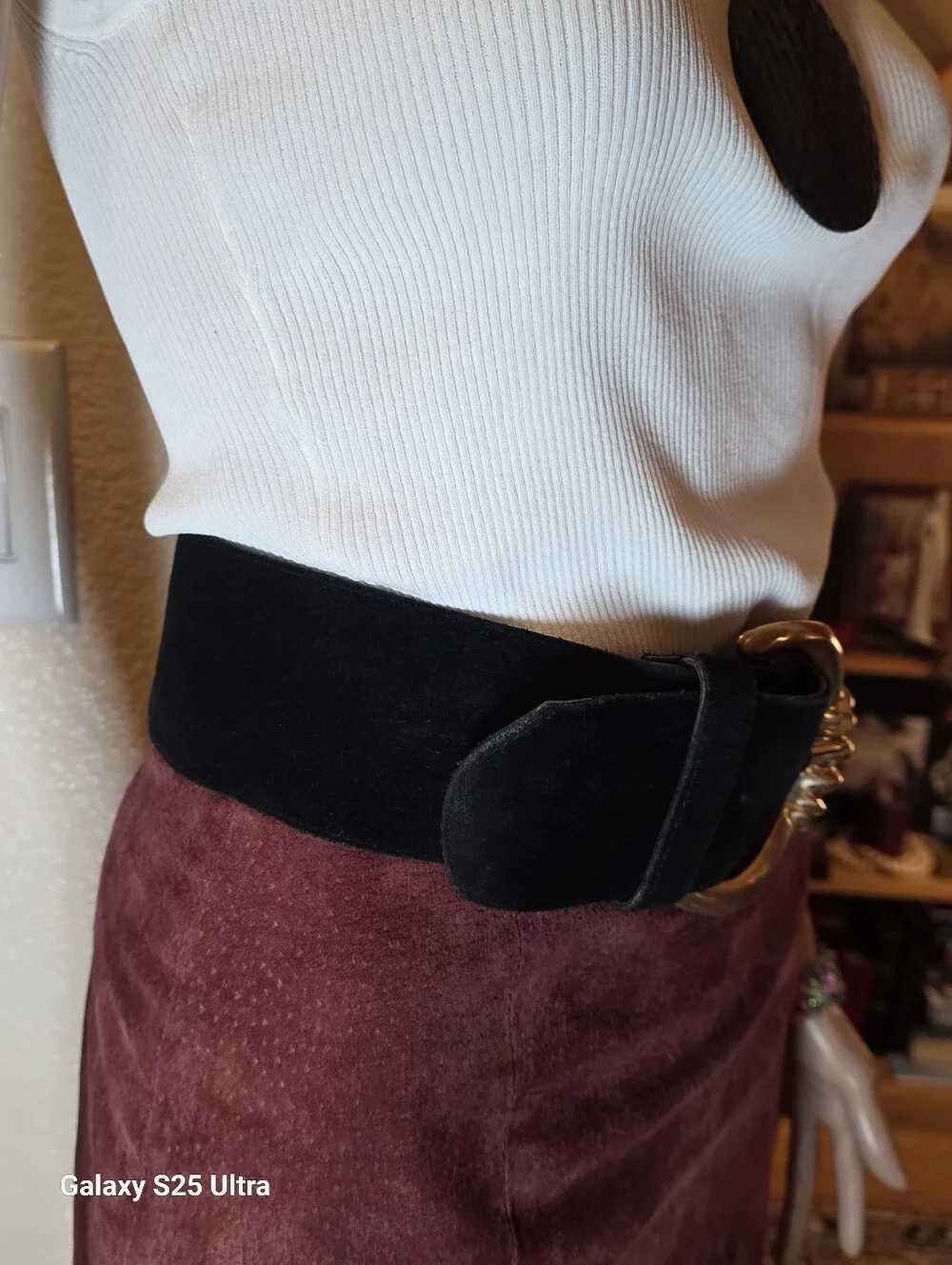 Vtg Kandell Marcus Black Suede Wide Waist Belt Gold Crescent Buckle 1980s USA